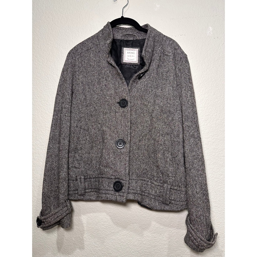 Vintage Old Navy Gray Tweed Wool Blend Jacket Mock Neck Button Front Women Large